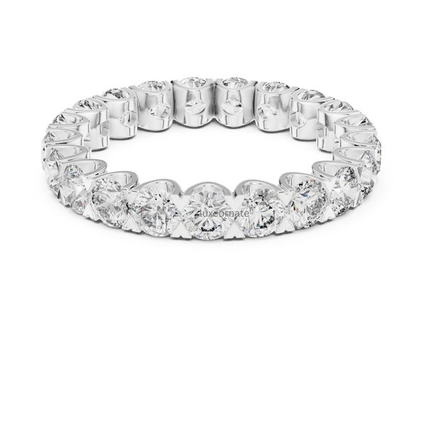 White gold round brilliant lab grown diamond eternity band with full circle shared prong diamonds, modern wedding ring, luxury jewelry.