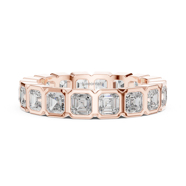 Close up rose gold Asscher cut diamond eternity band, full circle wedding ring for women