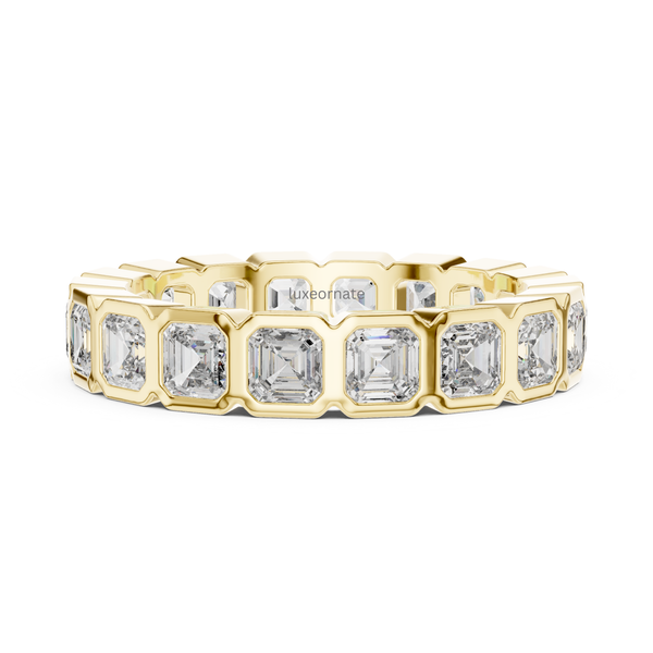 Close up yellow gold Asscher cut diamond bezel eternity band, full eternity anniversary jewelry