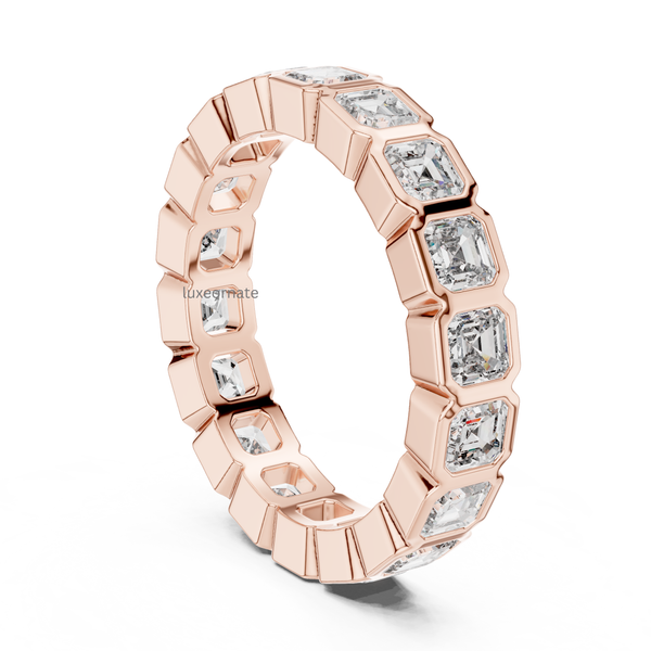 Rose gold Asscher cut diamond bezel set eternity band angled, elegant women’s wedding ring