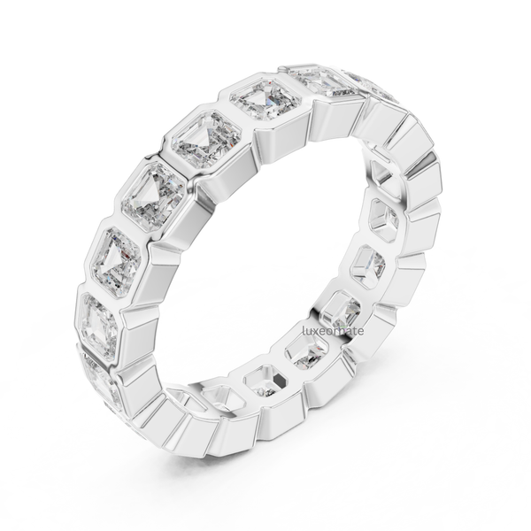 White gold Asscher cut diamond eternity ring angled side view, bridal anniversary band for women