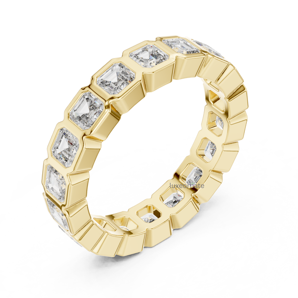 Yellow gold Asscher cut diamond bezel eternity band angled view, full circle wedding ring, luxury diamond band