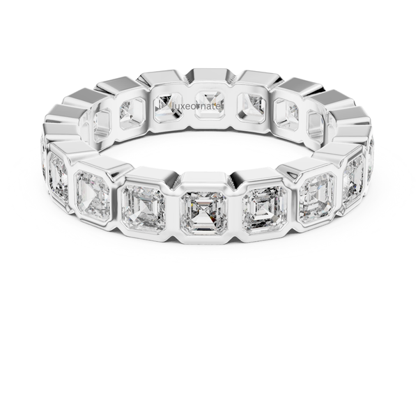 White gold Asscher cut diamond bezel eternity band, full diamond wedding ring, modern bridal jewelry