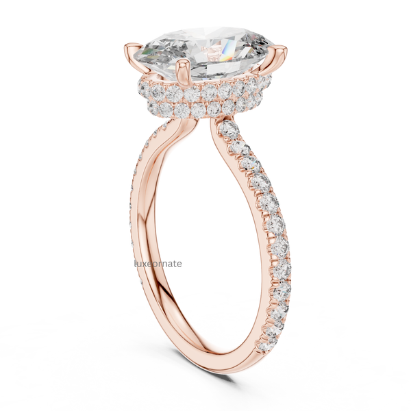 Angled side view rose gold oval halo diamond ring with elevated setting.