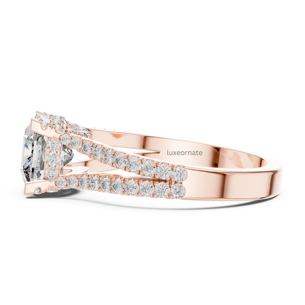 Side profile rose gold cushion cut diamond ring with pavé set split shank and hidden halo.
