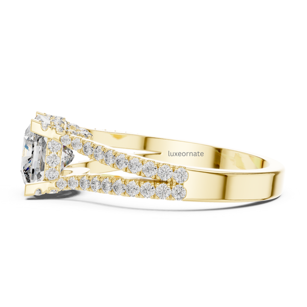 Side profile yellow gold cushion cut ring with double row pavé split shank.