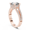 Angled view rose gold cushion cut diamond ring with hidden halo detail.