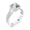 Angled view white gold cushion cut engagement ring with elevated four prong setting.