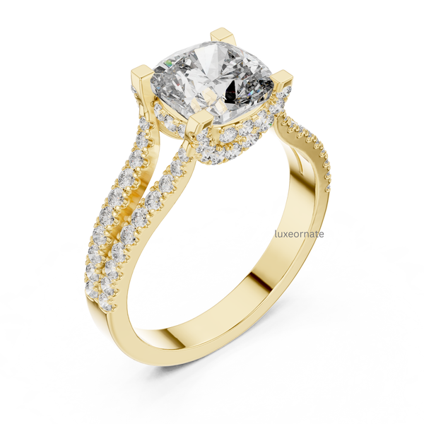 Angled view yellow gold cushion cut diamond ring with hidden halo and split pavé band.