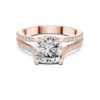 Front view rose gold cushion cut engagement ring with split shank and pavé diamonds.