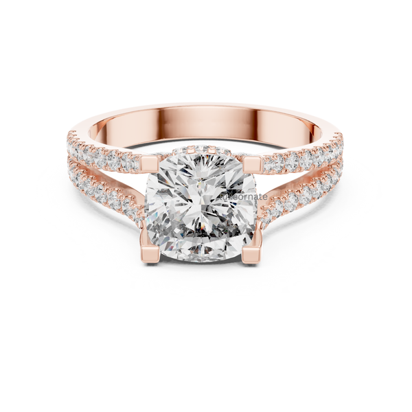 Front view rose gold cushion cut engagement ring with split shank and pavé diamonds.