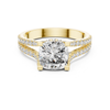 Front view yellow gold cushion cut diamond engagement ring with split shank pavé band.