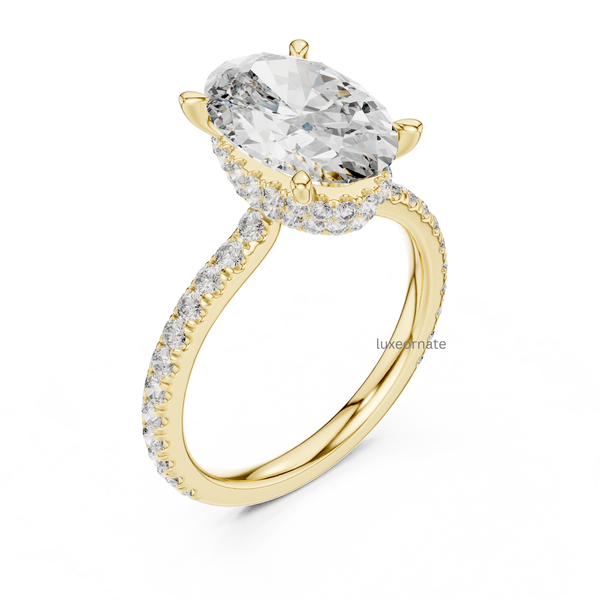 Angled side view yellow gold oval halo diamond ring with split style pavé band.