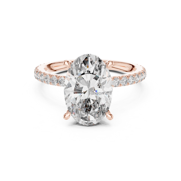 Front view rose gold oval cut halo diamond ring with pavé set shank.