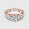 Three stone diamond wedding ring with round center and trilliant side lab grown diamonds in 14k rose gold, engagement ring