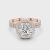 Timeless bridal ring featuring a sparkling radiant and round diamond framed by double pavé rows
