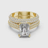 Timeless bridal ring featuring a sparkling radiant and round diamond framed by double pavé rows