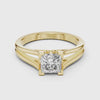 Dulce princess diamond ring in yellow gold featuring princess cut solitaire diamond with elegant split shank band