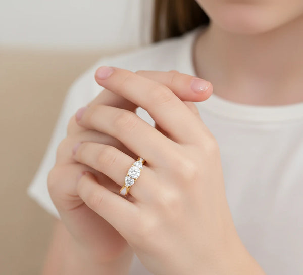 Three stone diamond wedding ring with round center and trilliant side lab grown diamonds in 14k yellow gold, engagement ring